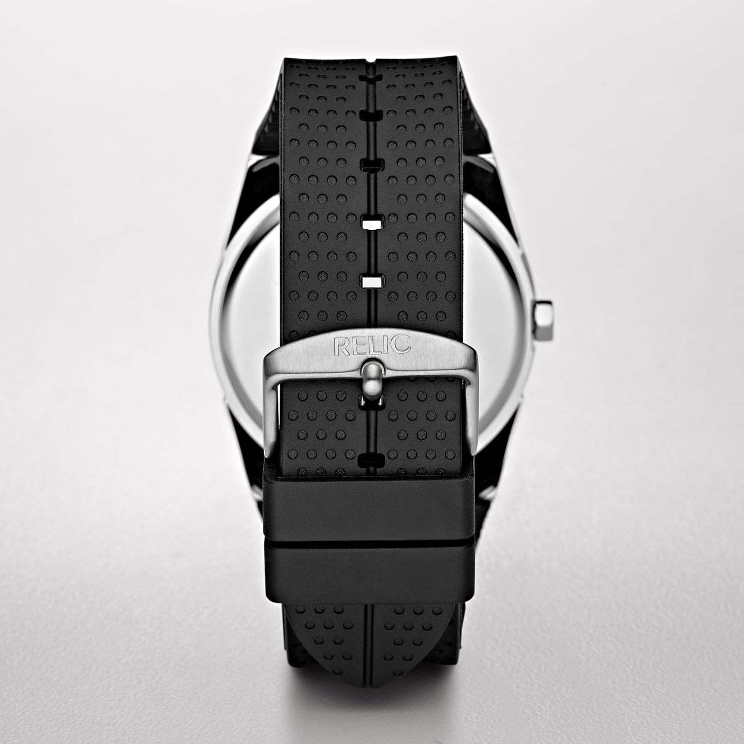 HOTRelic by Fossil Men's Jake Three-Hand Day Date Watch, Silver Stainless Steel and Black Silicone Band Watch for Men