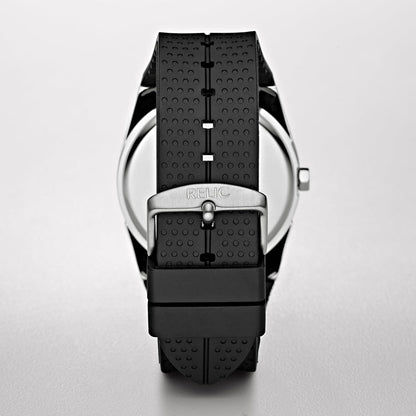 HOTRelic by Fossil Men's Jake Three-Hand Day Date Watch, Silver Stainless Steel and Black Silicone Band Watch for Men