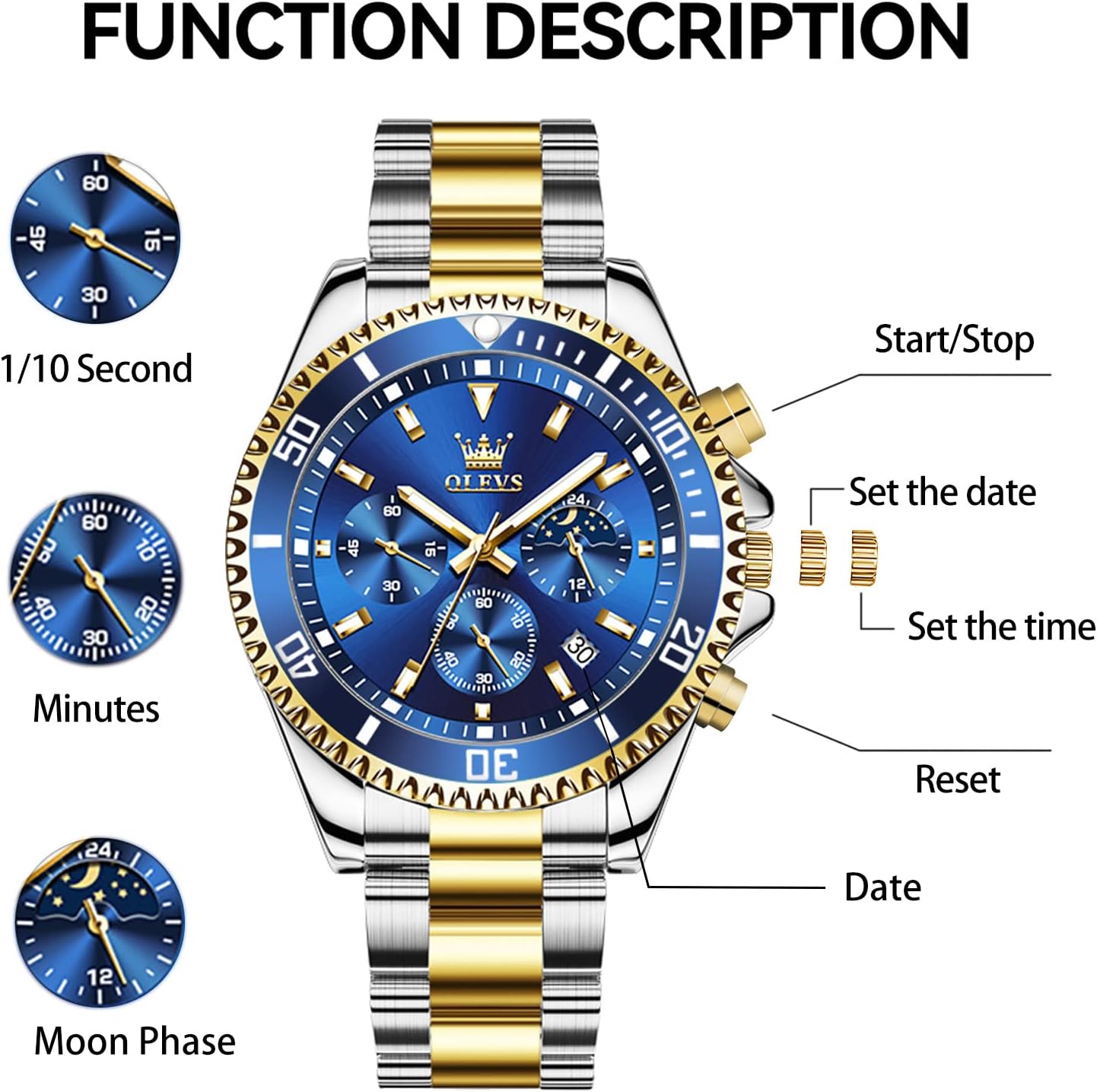 HOTOLEVS Mens Stainless Steel Watch Fashion Luxury Big Face Analog Waterproof