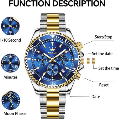 HOTOLEVS Mens Stainless Steel Watch Fashion Luxury Big Face Analog Waterproof