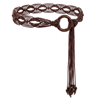 HOTWHIPPY Boho Braided Belt for Women Western Belt With Hand-Woven Wax Rope Country Tassel Belts for Dress, 2" Wide