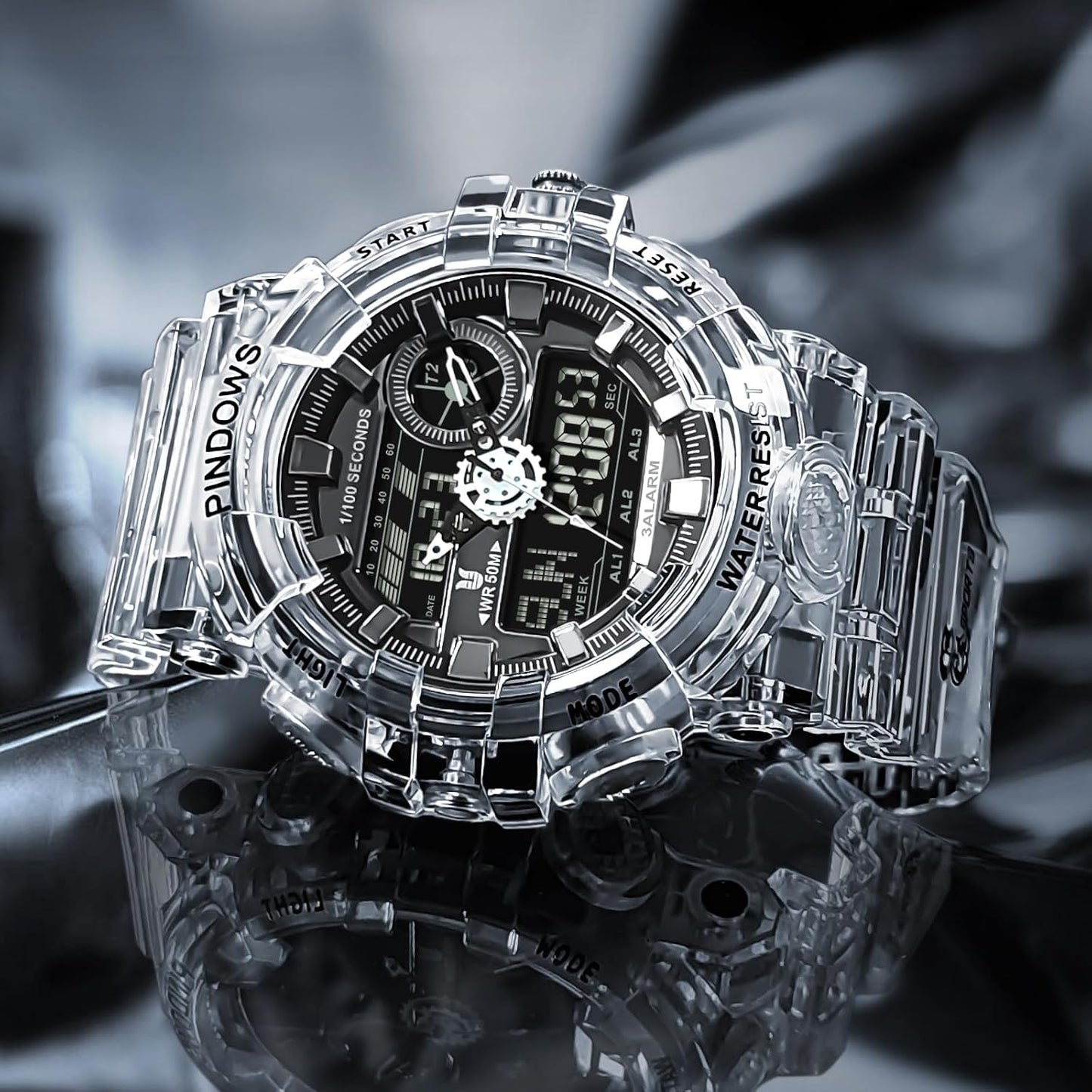 HOTPINDOWS Watches for Men, Transparent Gold Analog Digital Dual Time 50M Waterproof, LED Backlight Multifunctional with Alarms, Stopwatch, Ideal for Sports, Outdoor Activities, and Daily Wear