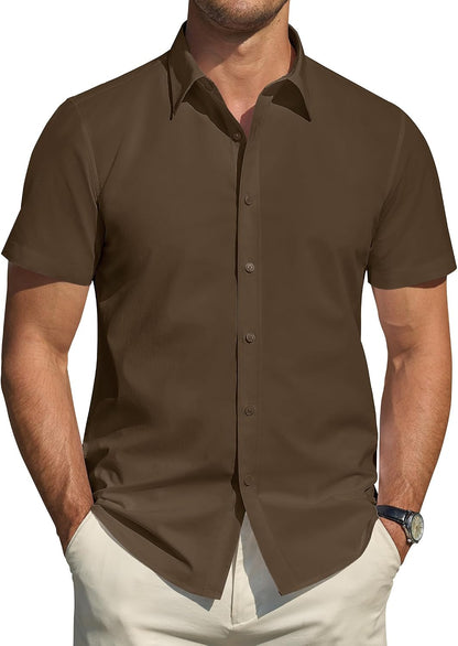 HOTJ.VER Men's Short Sleeve Dress Shirts Stretch Stain Shield Casual Button Down Shirts Solid Formal Shirt