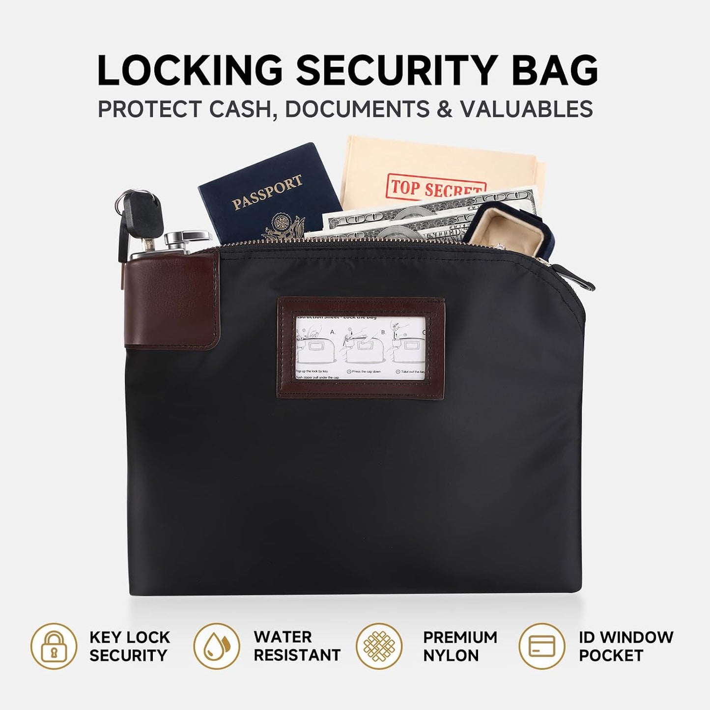 HOTEagle Locking Security Money Cash Register Bag Bank Deposit Bag With Locks 10.82 X 8.2 X 1.38-Inch, Black