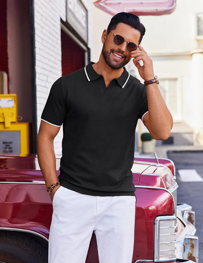 HOTCOOFANDY Mens Polo Shirts Short Sleeve Casual Knit Polo Shirt Vintage Golf T Shirts Old Money Tops