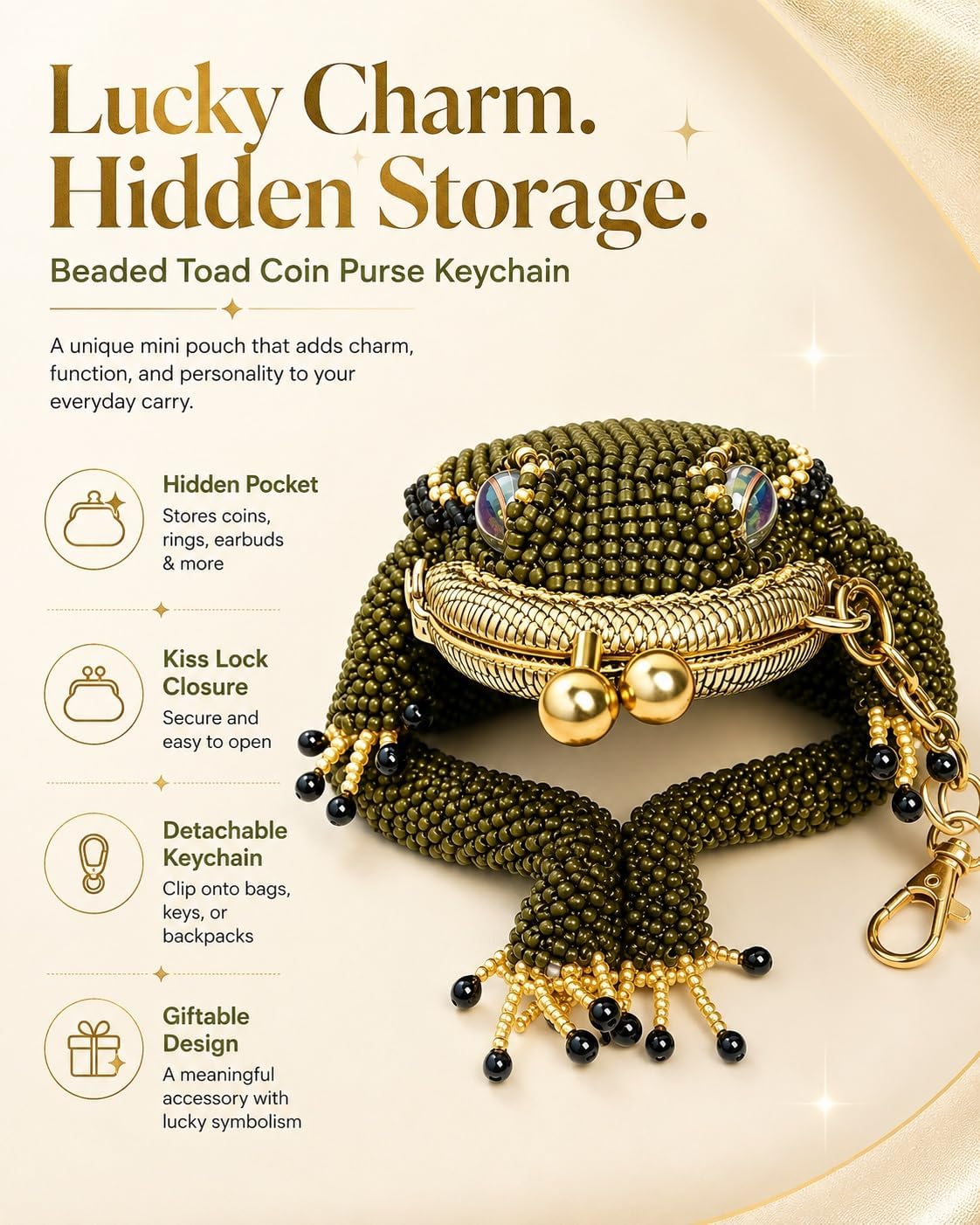 HOT2027 New Toad Coin Purse Keychain Cute Mini Frog Bag Charm with Kiss Lock Closure Beaded Lucky Pouch Hidden Storage for Coins Earbuds Jewelry Rings Women Girls Gift Accessory