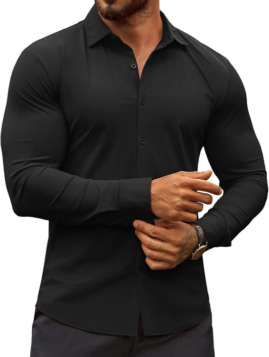 HOTCOOFANDY Men's Muscle Fit Dress Shirts Wrinkle-Free Long Sleeve Casual Button Down Shirts