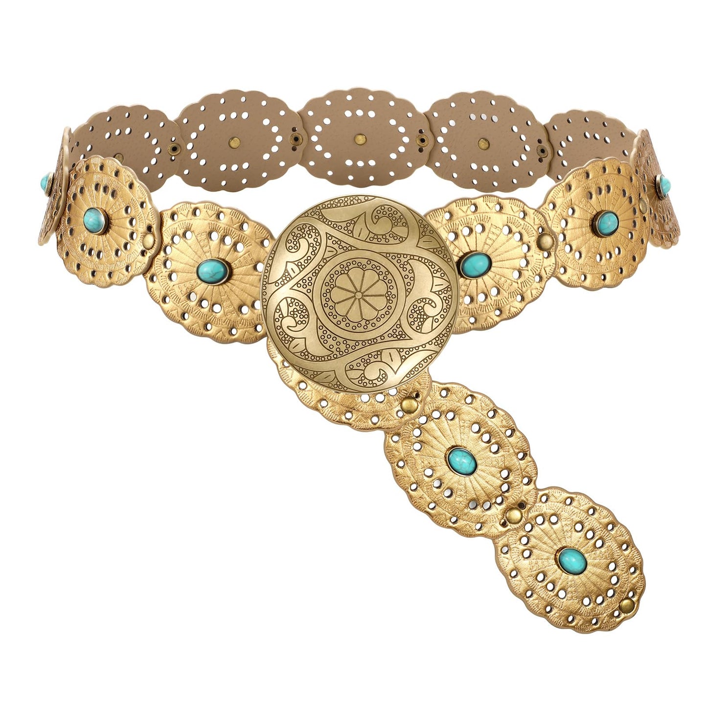 HOTSUOSDEY Wide Western Disc Belt with Turquoise Women Cowgirl Cowboy Boho Country Leather Belts for Jeans Dress, Width 2.36"