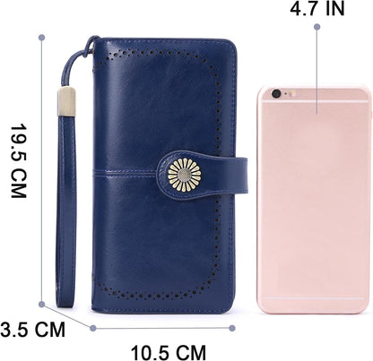 HOTLavemi Womens Large Capacity Genuine Leather RFID Blocking Wallets Wristlet Clutch Card Holder