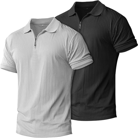 HOTplop 2 Pack Mens 1/4 Zipper Muscle Polo Shirts Slim Fit Collared Shirt Short Sleeve Ribbed Knit Fitted Casual Athletic Tee