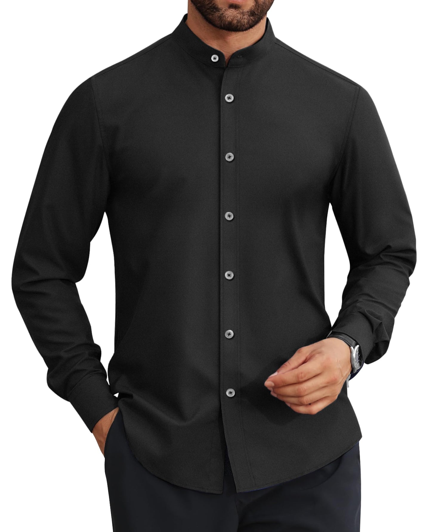 HOTLion Nardo Mens Dress Shirts Wrinkle Free Dress Shirts for Men Long Sleeve Button Down Shirts Banded Collar Shirts