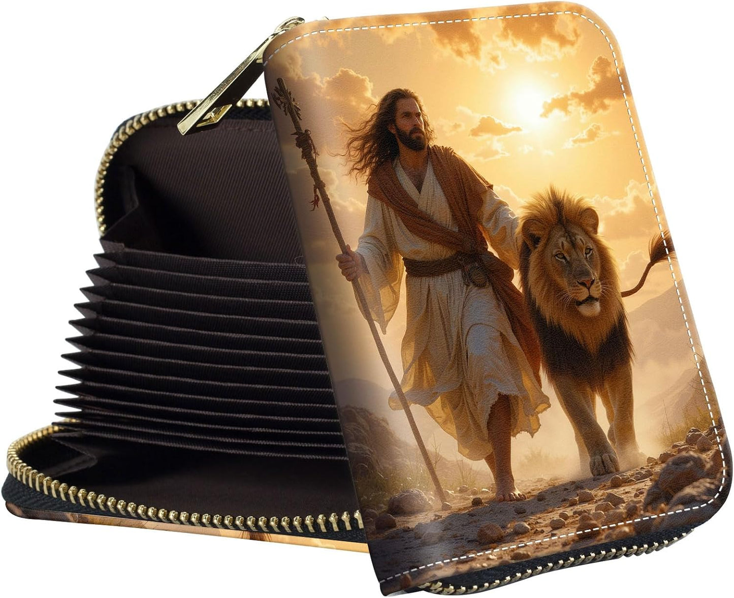 HOTSlim Zipper Card Wallet for Women — RFID Blocking Mini Wallet, PU Leather Small Credit Card Holder & Coin Pocket, Travel-Friendly Card Organizer, Man & Lion