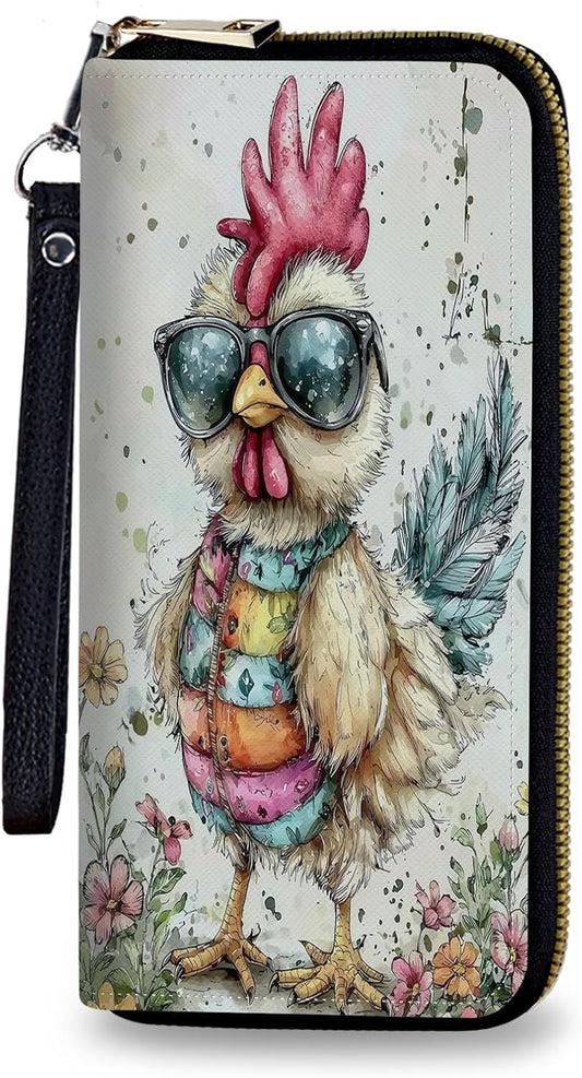 HOTWomen's Wallet Leather Credit Card Holder with RFID Blocking Cool Rooster Clutch Travel Purse Large Capacity with Zip and Wristlet