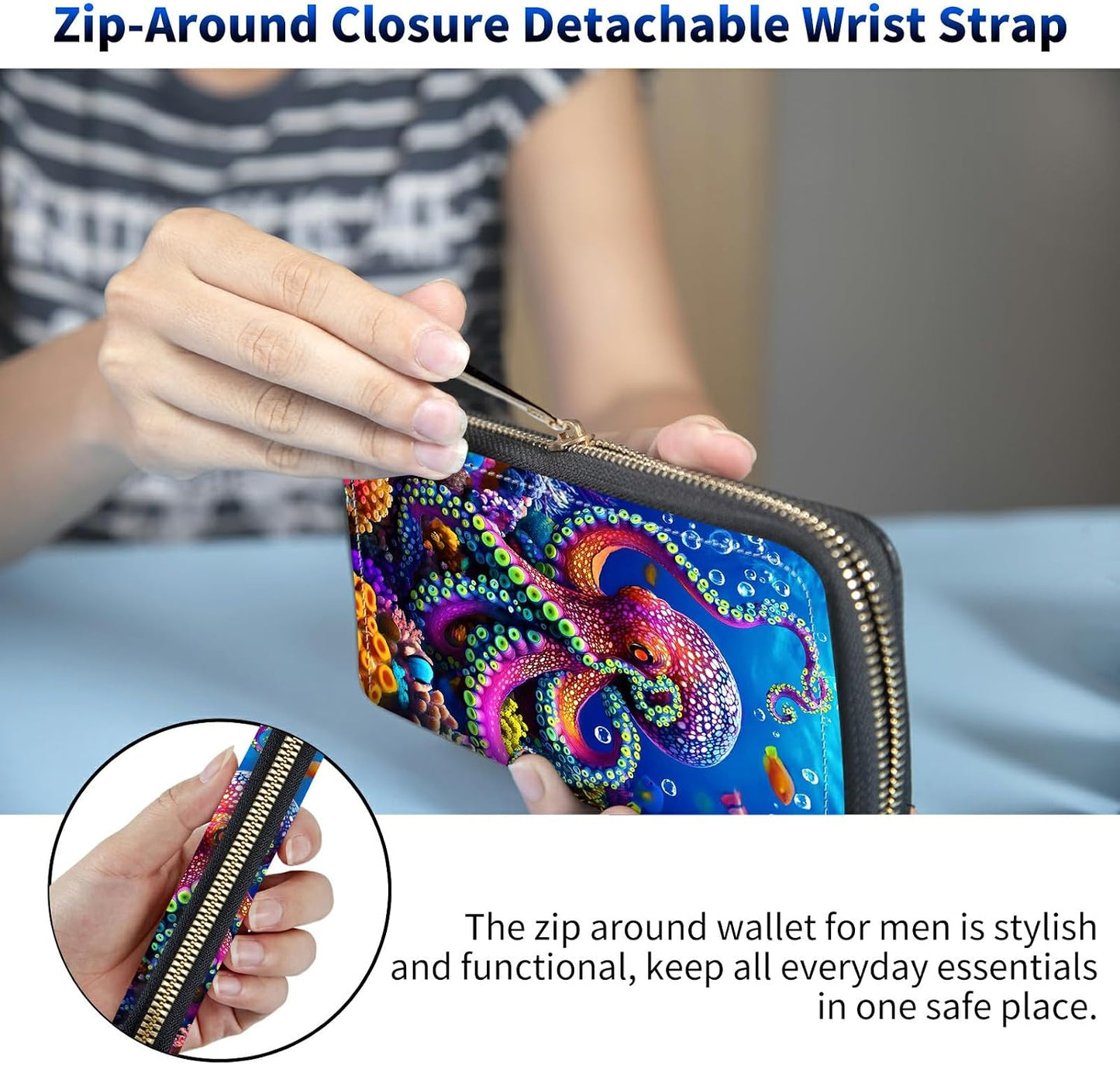 HOTWomen's Wristlet Wallets for Ladies, RFID Blocking Leather Zipper Handbag Clutch Purse Money Holder Organizer for Travel Shopping, Ocean Octopus