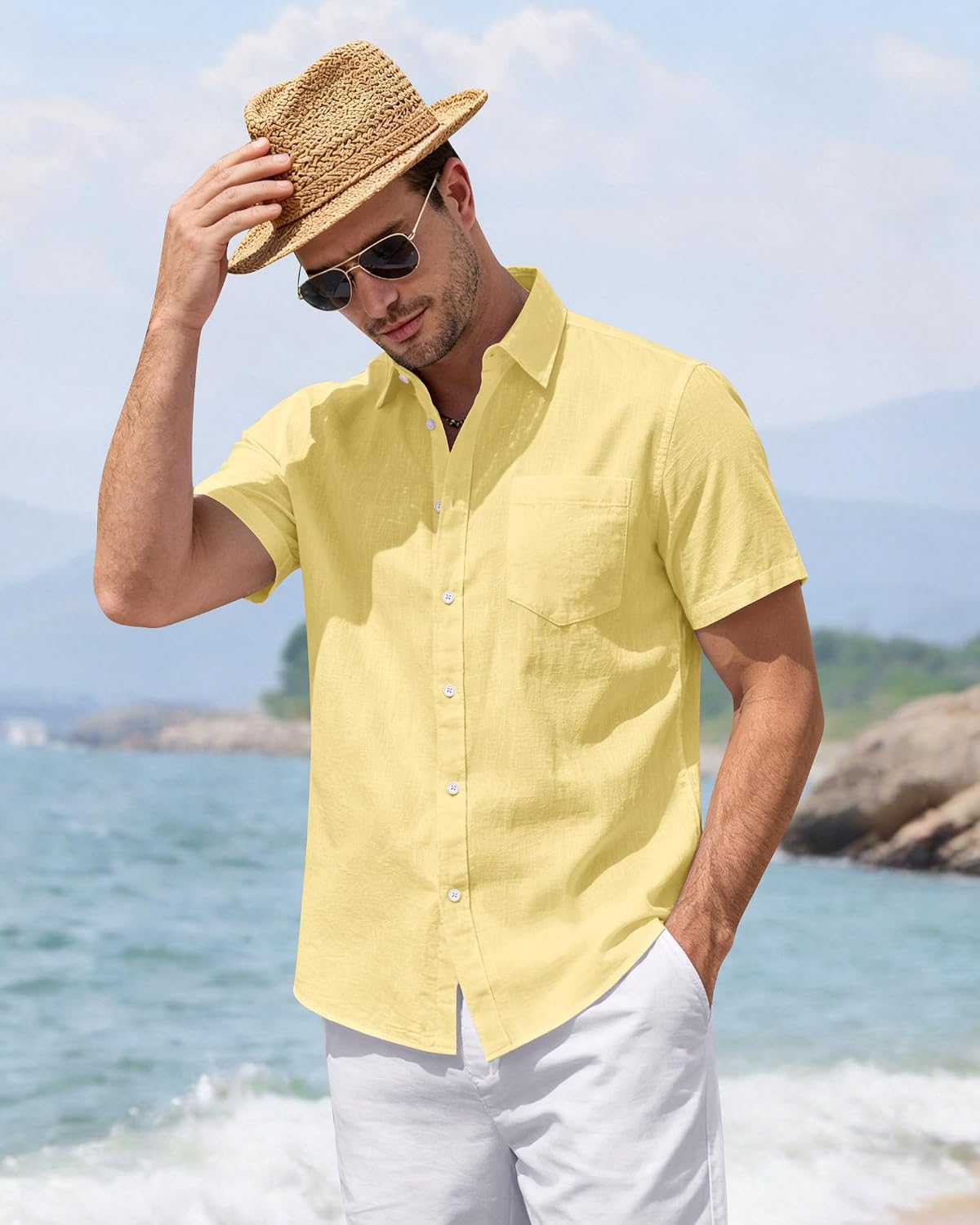 HOTJ.VER Mens Linen Shirt Short Sleeve Button Down Casual Summer Shirts | Cotton Linen, Untucked, Big Tall, from Beach Camp Vacation, Cruise Fishing, Work Office, to Wedding Party Family, with Pocket