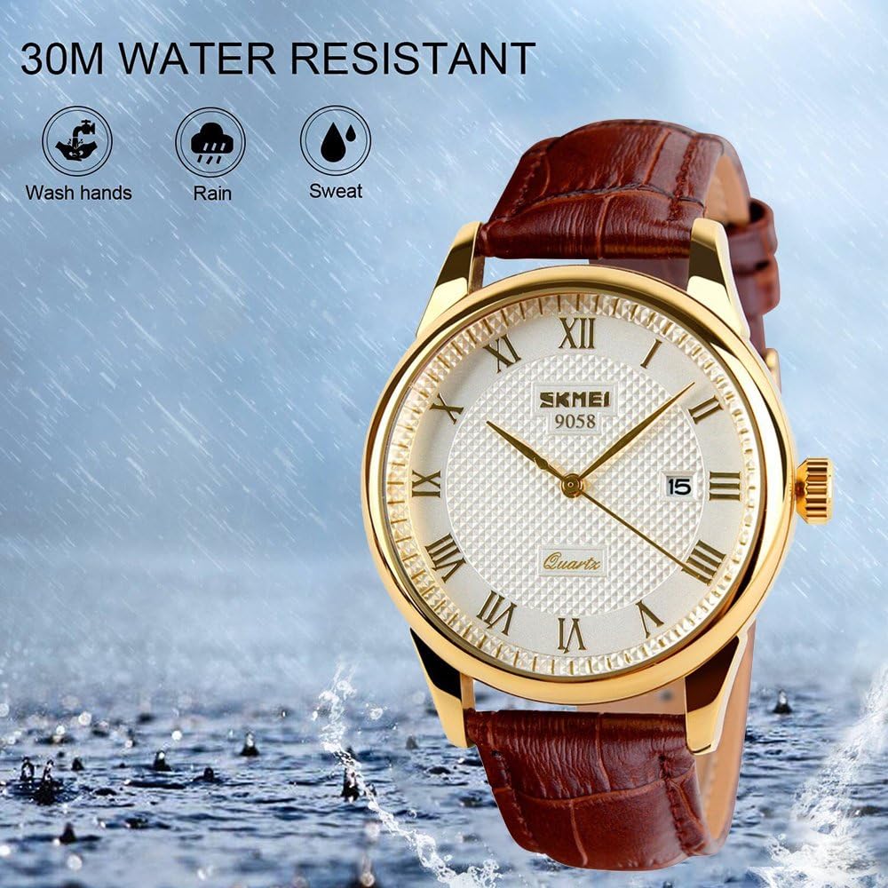 HOTSKMEI Business Men’s Quartz Wristwatches Roman Numeral Leather Band Casual Water Resist Analog Watches