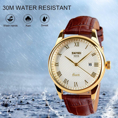 HOTSKMEI Business Men’s Quartz Wristwatches Roman Numeral Leather Band Casual Water Resist Analog Watches