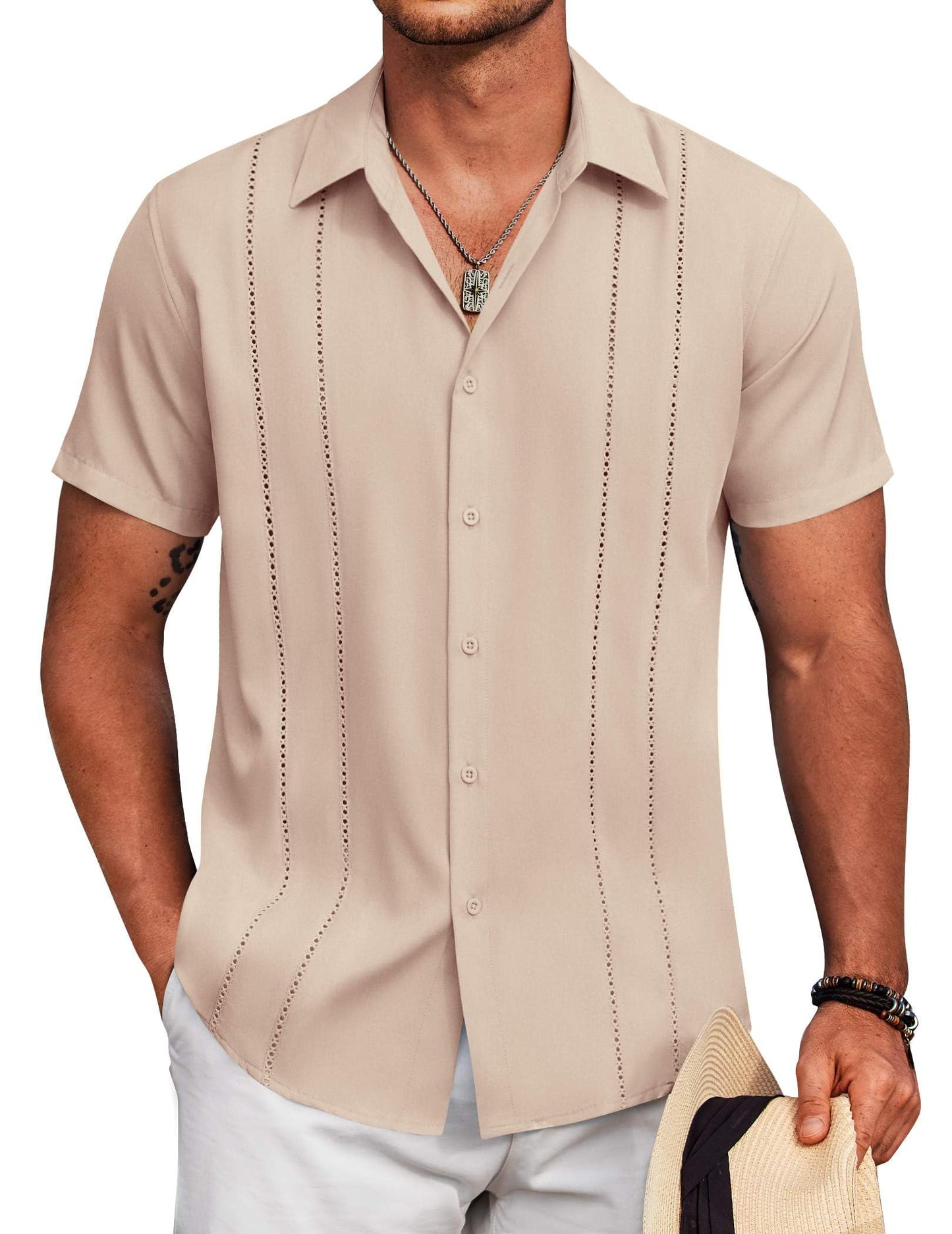 HOTCOOFANDY Mens Cuban Guayabera Shirt Short Sleeve Button Down Shirts Summer Beach Vacation Shirts