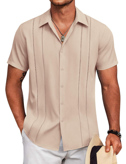 HOTCOOFANDY Mens Cuban Guayabera Shirt Short Sleeve Button Down Shirts Summer Beach Vacation Shirts