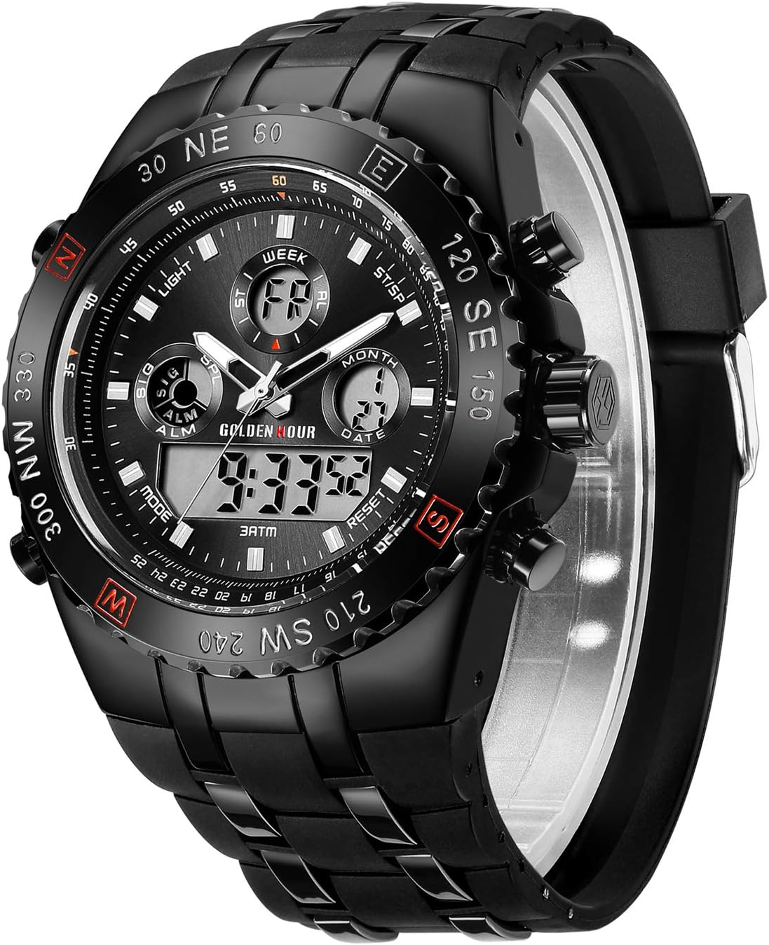 HOTGOLDEN HOUR Luxury Military Sports Men's Watches Large Size Big Face 3ATM Waterproof, Stopwatch, Date and Date, Alarm, Luminous Digital Analog Wrist Watch with Rubber Band