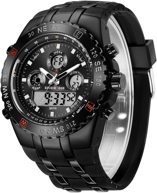 HOTGOLDEN HOUR Luxury Military Sports Men's Watches Large Size Big Face 3ATM Waterproof, Stopwatch, Date and Date, Alarm, Luminous Digital Analog Wrist Watch with Rubber Band