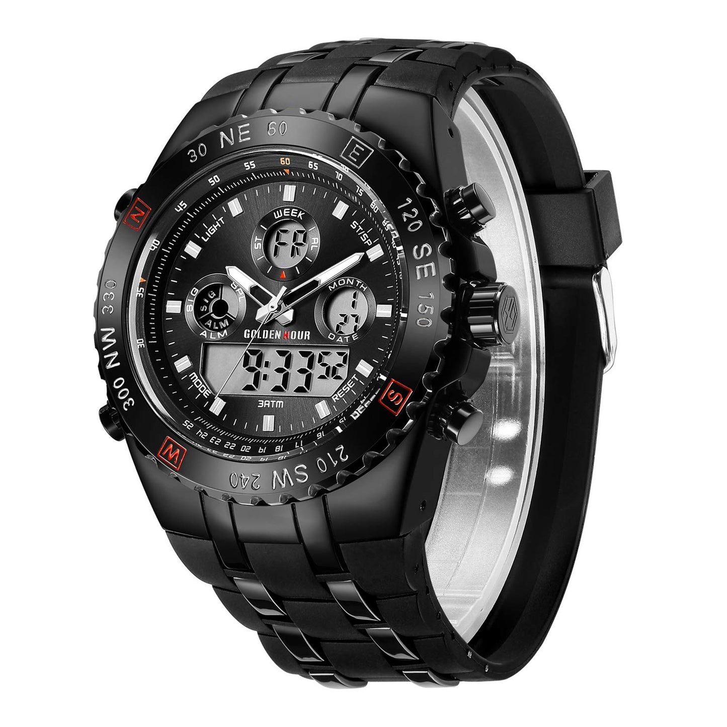HOTGOLDEN HOUR Luxury Military Sports Men's Watches Large Size Big Face 3ATM Waterproof, Stopwatch, Date and Date, Alarm, Luminous Digital Analog Wrist Watch with Rubber Band