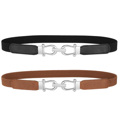 HOTJASGOOD Women Skinny Elastic Belt for Dresses,Thin Retro Stretch Waist Belt with Golden Buckle