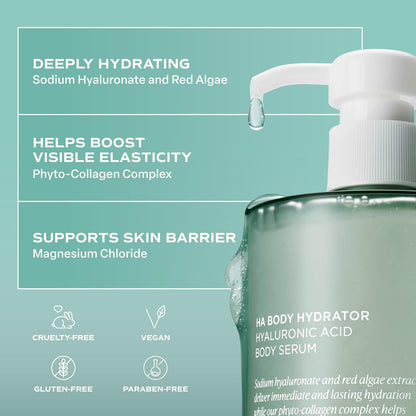 HOTSaltair Hyaluronic Acid Body Serum – Hydrating Body Lotion for Smoother Looking Skin – Sheer Gel Moisturizer with Sodium Hyaluronate & Red Algae – Fragrance-Free HA Hydrator – 13oz Pump Bottle