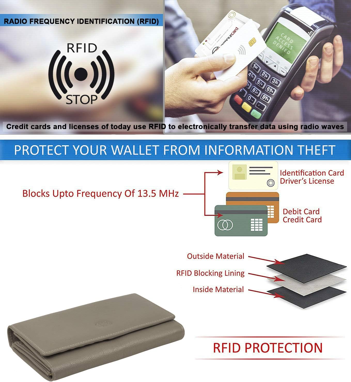 HOTWomen's Top Grain Leather Wallet, RFID Blocking Bifold clutch, 17 Card Slots, Zip Pocket Organizer, Elegant Gift for Women — Birthday, Valentine, Anniversary - TAUPE