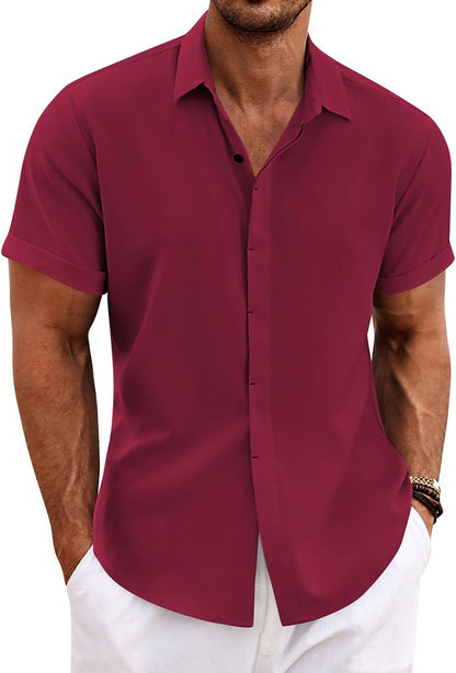 HOTCOOFANDY Men's Linen Shirts Short Sleeve Casual Shirts Button Down Shirt for Men Beach Summer Wedding Shirt