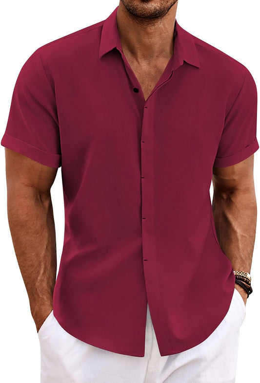 HOTCOOFANDY Men's Linen Shirts Short Sleeve Casual Shirts Button Down Shirt for Men Beach Summer Wedding Shirt