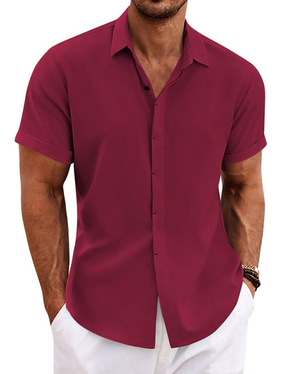 HOTCOOFANDY Men's Linen Shirts Short Sleeve Casual Shirts Button Down Shirt for Men Beach Summer Wedding Shirt
