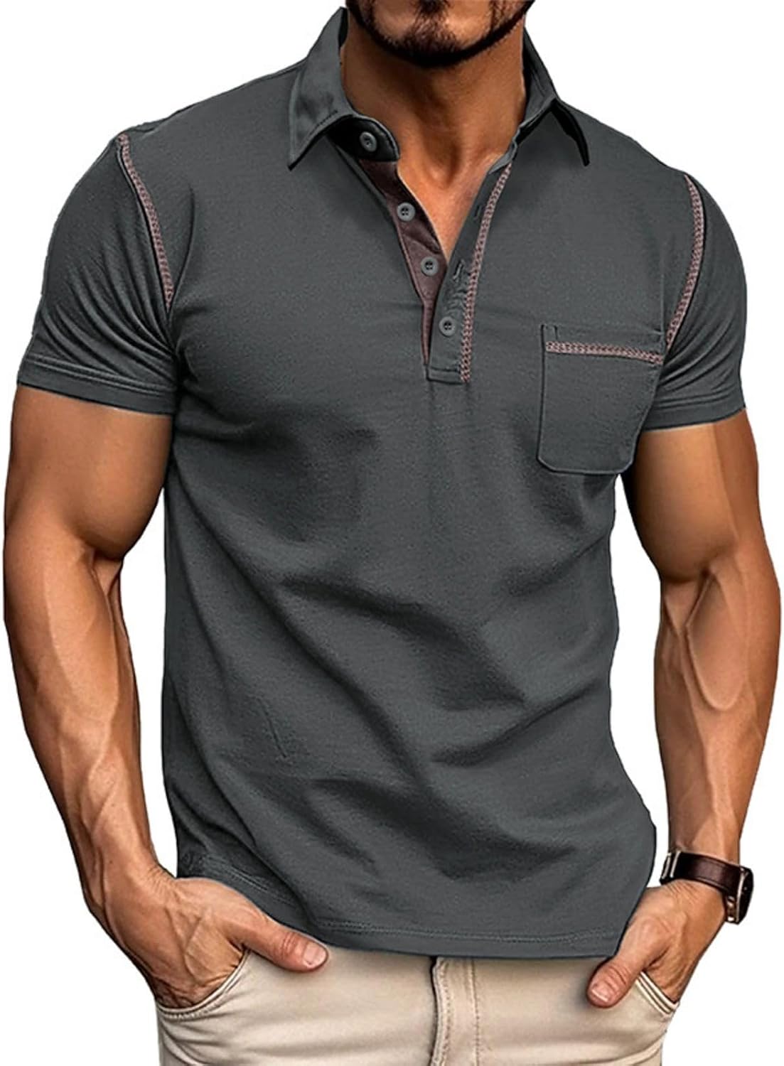 HOTMen's Fashion Polo Shirts Classic Short Sleeve Lightweight Button Cotton T-Shirt Casual Golf Tee Tops with Pocket