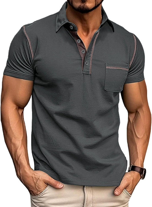 HOTMen's Fashion Polo Shirts Classic Short Sleeve Lightweight Button Cotton T-Shirt Casual Golf Tee Tops with Pocket