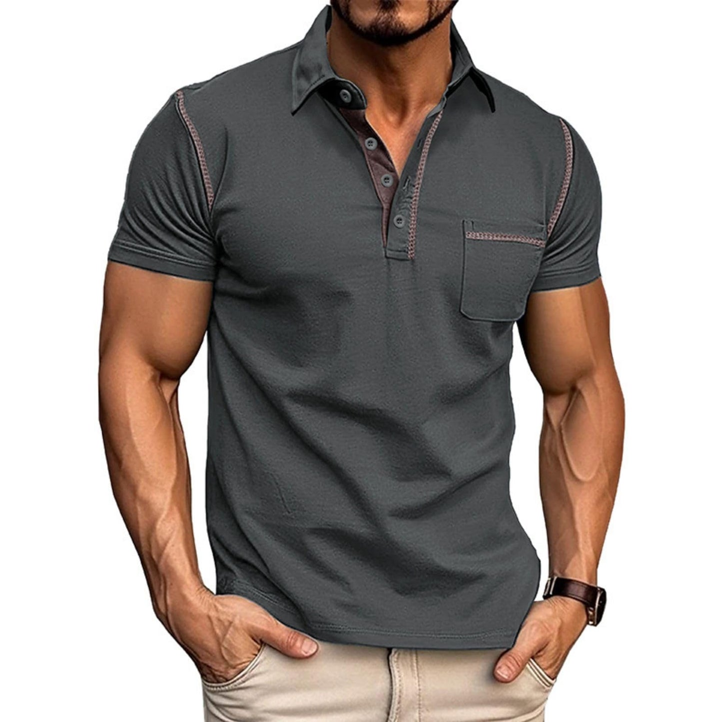 HOTMen's Fashion Polo Shirts Classic Short Sleeve Lightweight Button Cotton T-Shirt Casual Golf Tee Tops with Pocket
