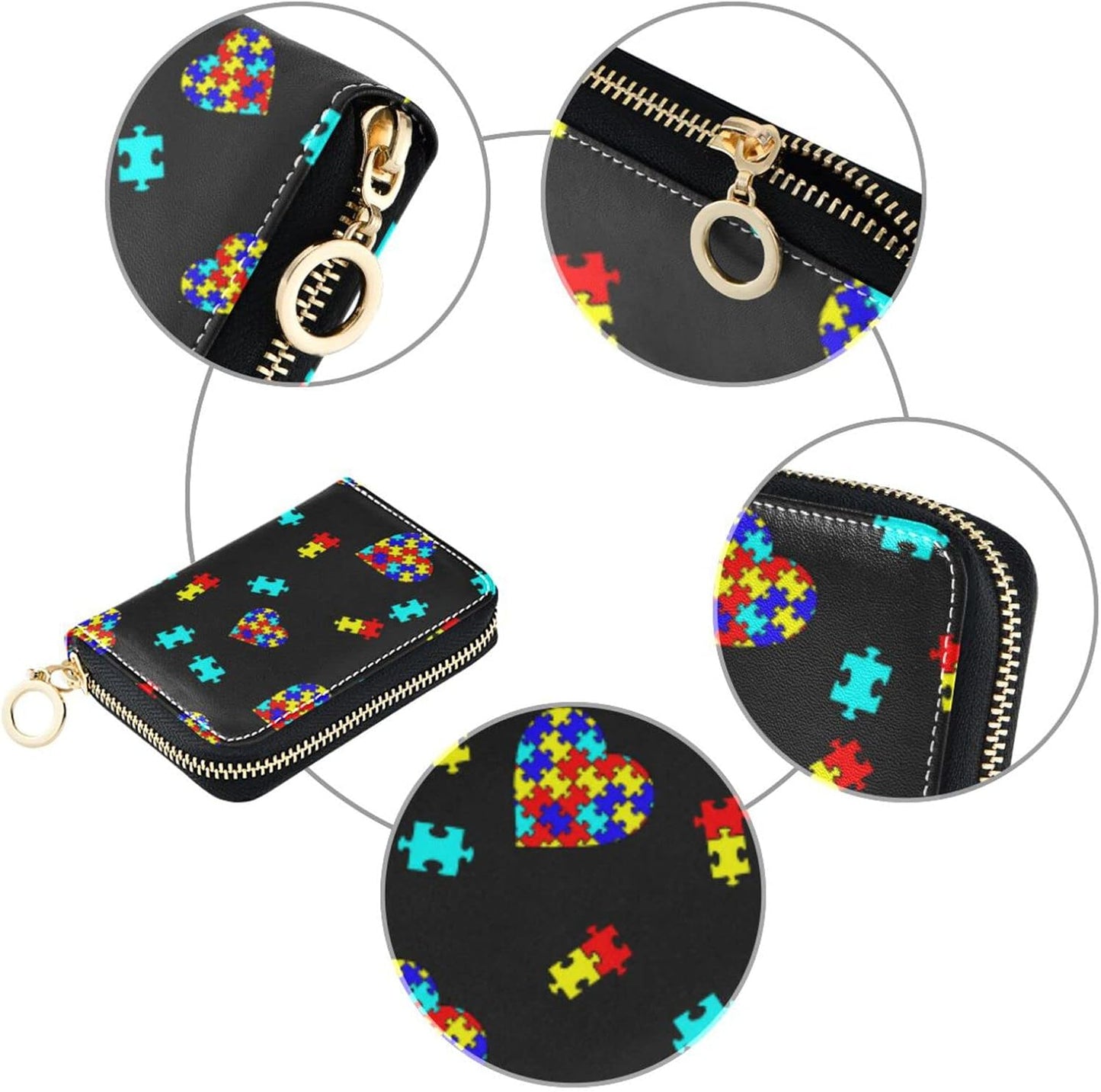HOTAutism Awareness Puzzle Piece RFID Credit Card Holder Wallets Accordion for Women Leather Zipper Card Case Accordion Wallet for Ladies Girls