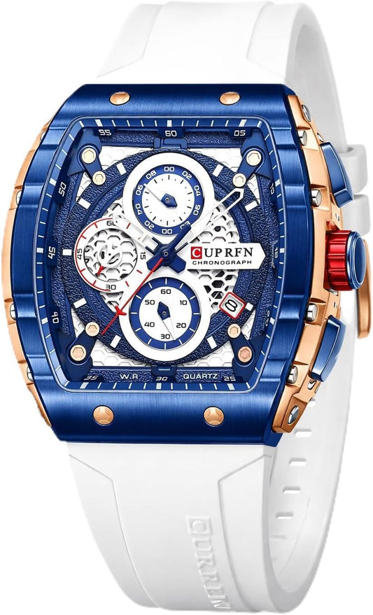 HOTPASOY Men's Chronograph Watch, Big Face, Tonneau Case, Rubber Strap | 47mm analog quartz watch, working chronograph with 1/10-second, second and minute subdials, date, stainless steel case