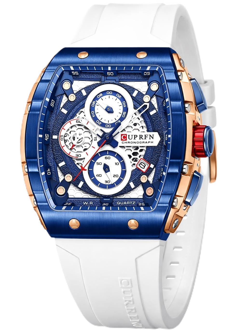 HOTPASOY Men's Chronograph Watch, Big Face, Tonneau Case, Rubber Strap | 47mm analog quartz watch, working chronograph with 1/10-second, second and minute subdials, date, stainless steel case