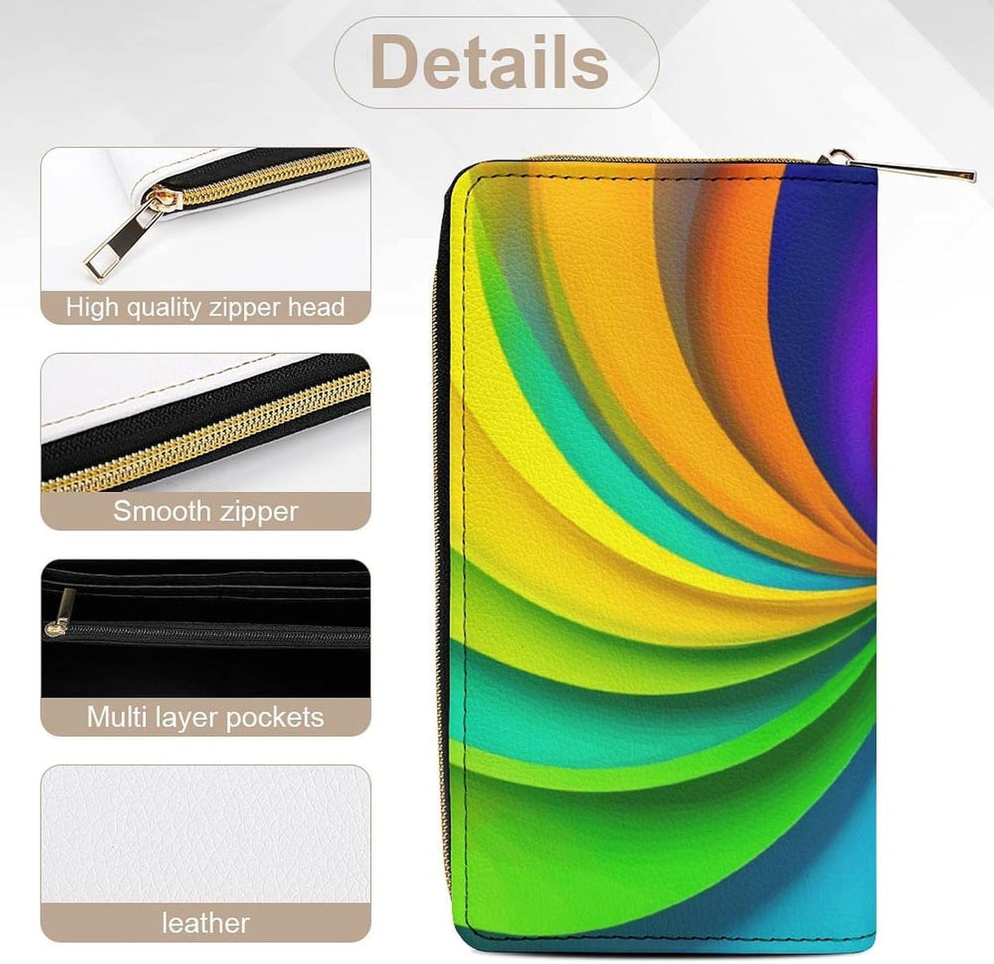 HOTWomen's Large Capacity Zipper Leather Wallet Rainbow Spiral Tie Dye Art, Slim Compact Card Holder, Portable Purse for Mom, Wife & Daily Use