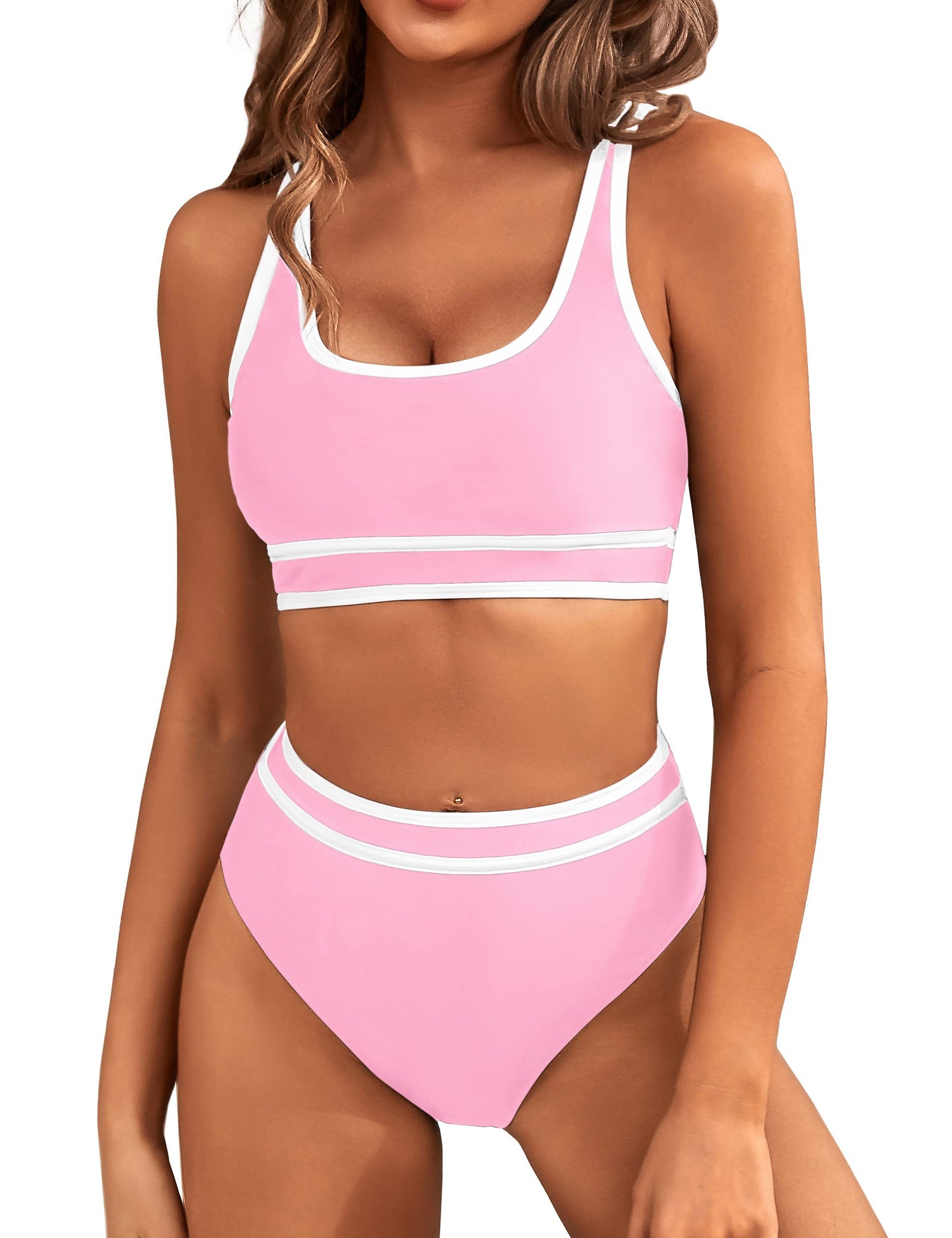 HOTBMJL Women's High Waisted Bikini Sets Sporty Two Piece Swimsuits Color Block Tummy Control Modest Bathing Suit