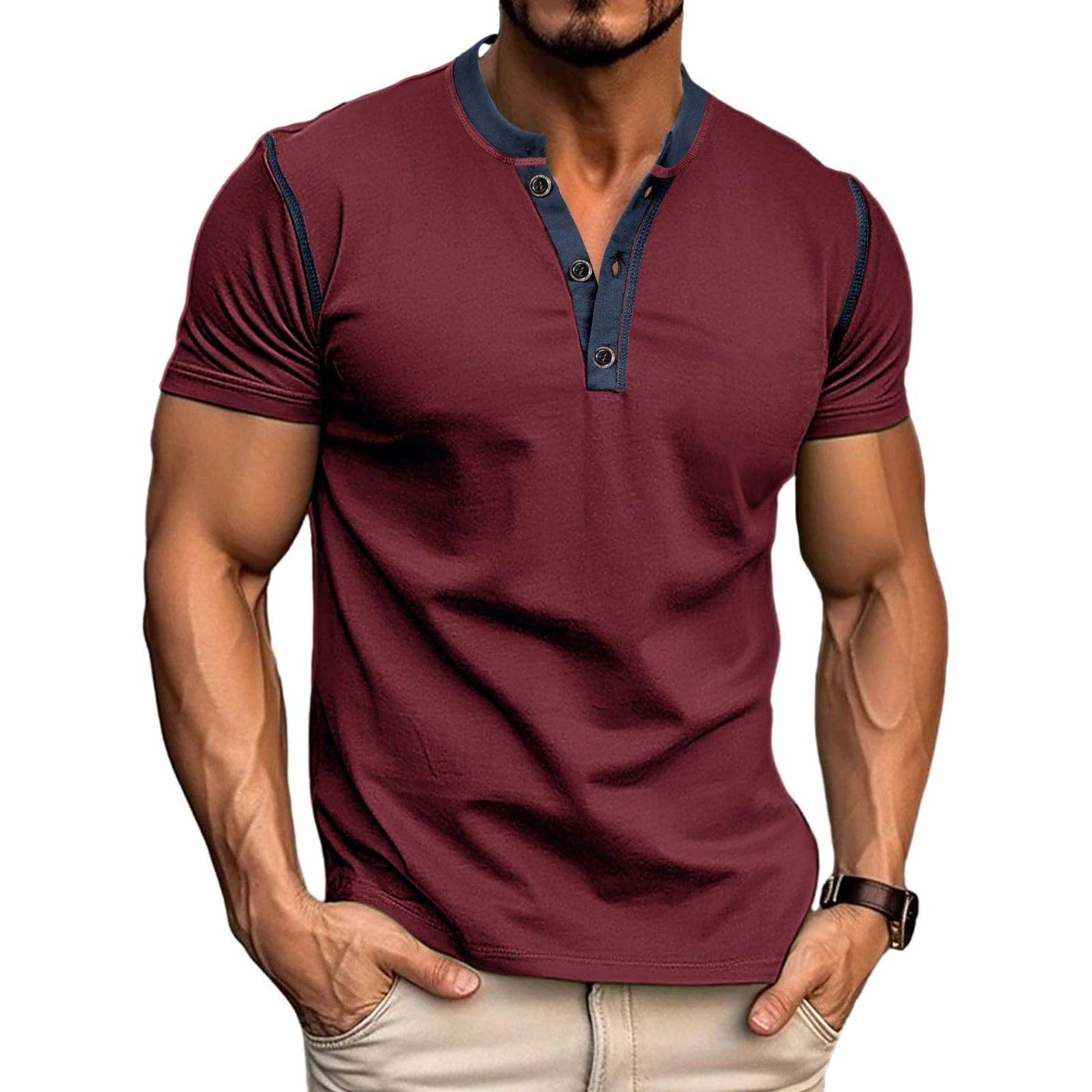 HOTMen's Casual Henley Shirts Classic Button Cotton Short Sleeve T-Shirt Summer Basic Solid Lightweight Tees Tops