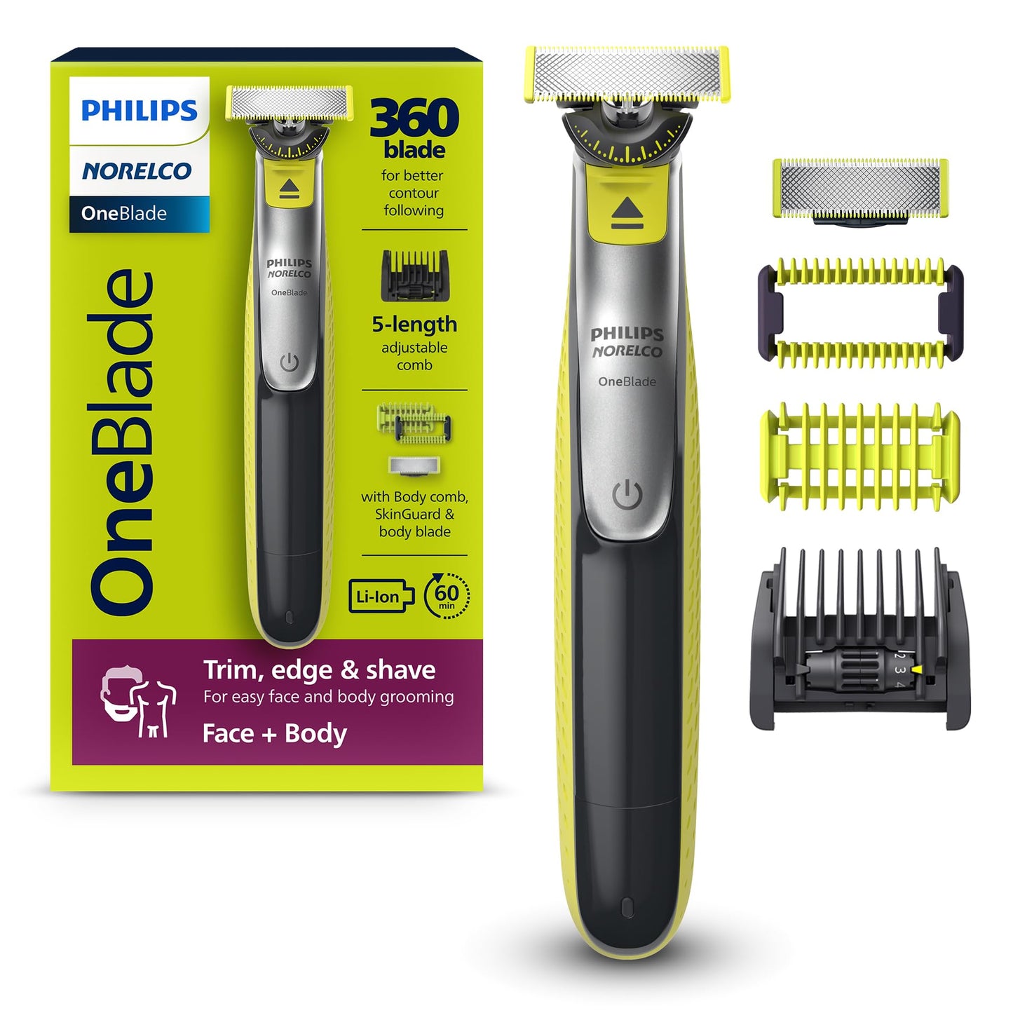 HOTPhilips Norelco for Face + Body, Electric Beard Trimmer, Shaver and Groomer, 5in1 Adjustable Comb, 1x Body Kit, Model QP2834/70, Black/Lime Green