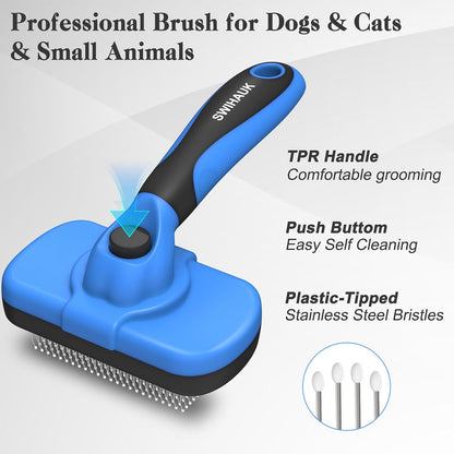 HOTSwihauk Self Cleaning Slicker Brush - Skin Friendly Deshedding Grooming Tool for Dogs & Cats, Suitable for Shedding & Haired Pets, with Pet Supplies Accessories, Blue