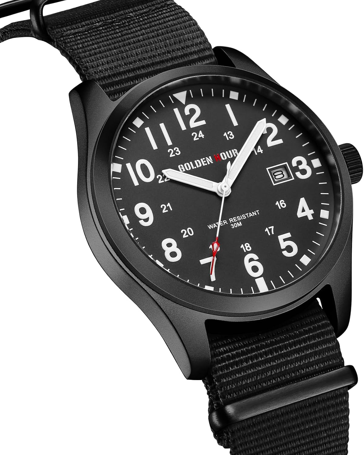 HOTGOLDEN HOUR Men's Nylon Slip-Thru Strap Watch with Military Time Easy Read Dial Glowing Hands