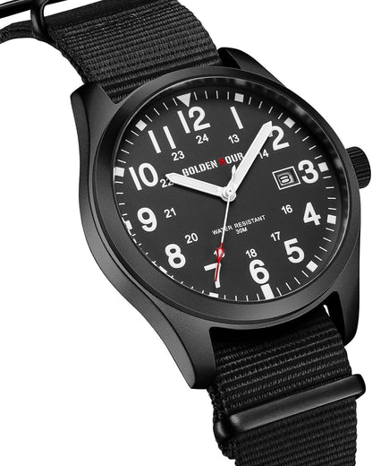 HOTGOLDEN HOUR Men's Nylon Slip-Thru Strap Watch with Military Time Easy Read Dial Glowing Hands
