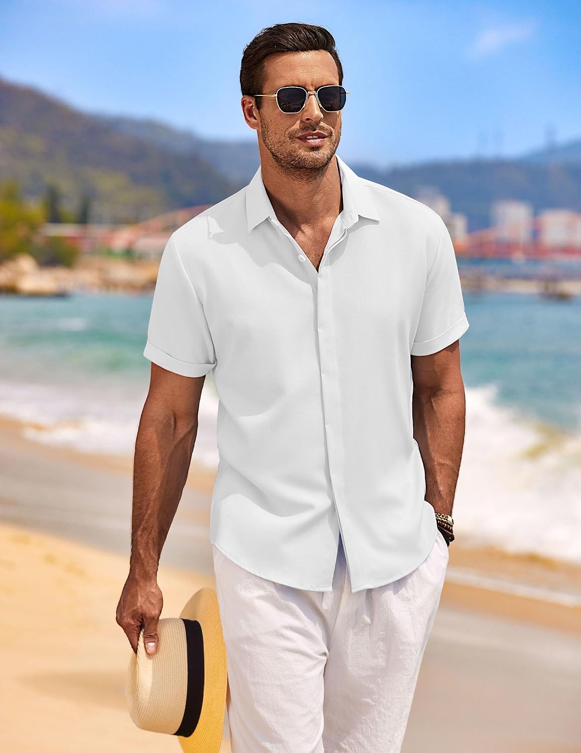 HOTCOOFANDY Men's Linen Shirts Short Sleeve Casual Shirts Button Down Shirt for Men Beach Summer Wedding Shirt
