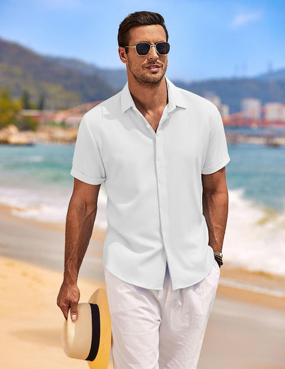 HOTCOOFANDY Men's Linen Shirts Short Sleeve Casual Shirts Button Down Shirt for Men Beach Summer Wedding Shirt