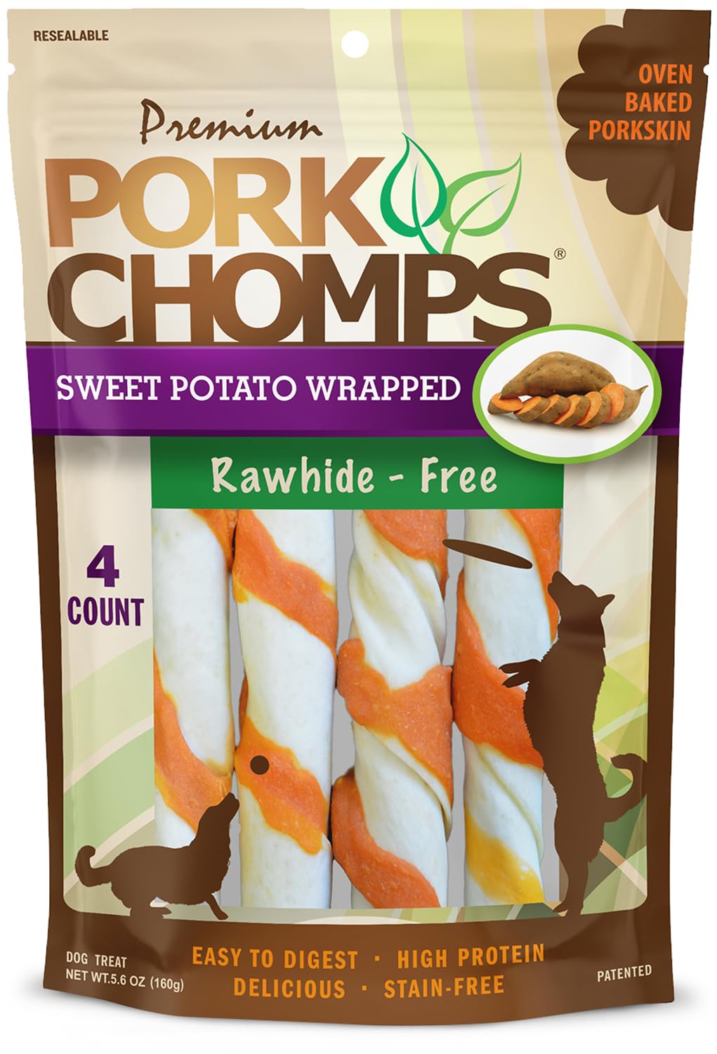 HOTPork Chomps Roasted Pork Skin Dog Chews, 6 Inch Twists, 15 Count - Long-Lasting Treats for Dogs - High Protein, Rawhide-Free, Low Fat, Healthy & Delicious Chews