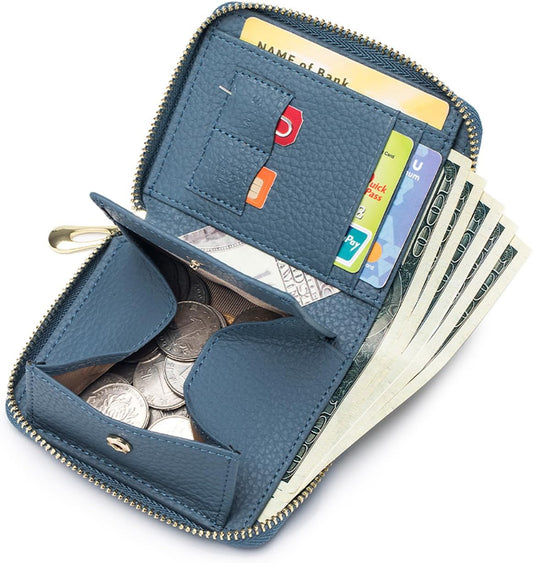 HOTSmall Leather Travel Wallet for Women, RFID Blocking Zip Around | Minimallist Wallet with Coin Purse & Card Slots, Compact Casual Wallet for Women's Travel and Gift Box Ready (Navy Blue)