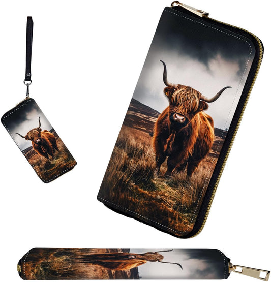 HOTRFID-Blocking Zip Around Wallets for Women with Detachable Wrist Strap,Large Capacity Phone Holder with Card Organizer & Coin Pocket,Brown Highland Cow